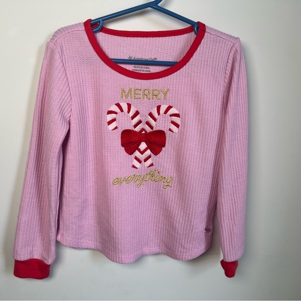 American Girl Pink and Red Festive Holiday Christmas Pyjama Top XS Girls